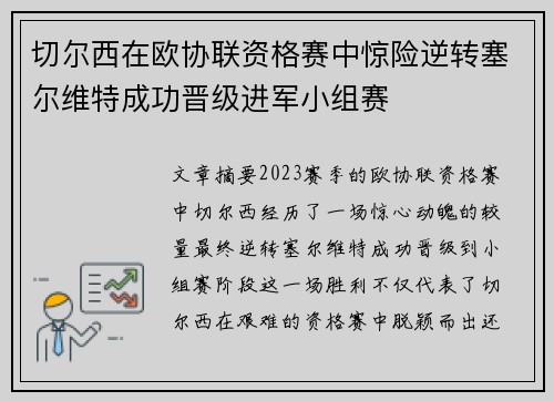切尔西在欧协联资格赛中惊险逆转塞尔维特成功晋级进军小组赛