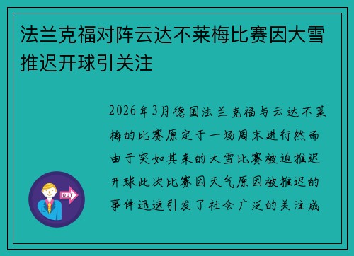 法兰克福对阵云达不莱梅比赛因大雪推迟开球引关注 法兰克福对阵云达不莱梅比赛因大雪推迟开球引关注