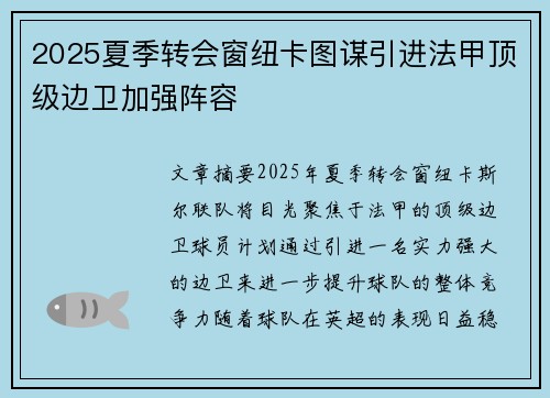 2025夏季转会窗纽卡图谋引进法甲顶级边卫加强阵容 2025夏季转会窗纽卡图谋引进法甲顶级边卫加强阵容
